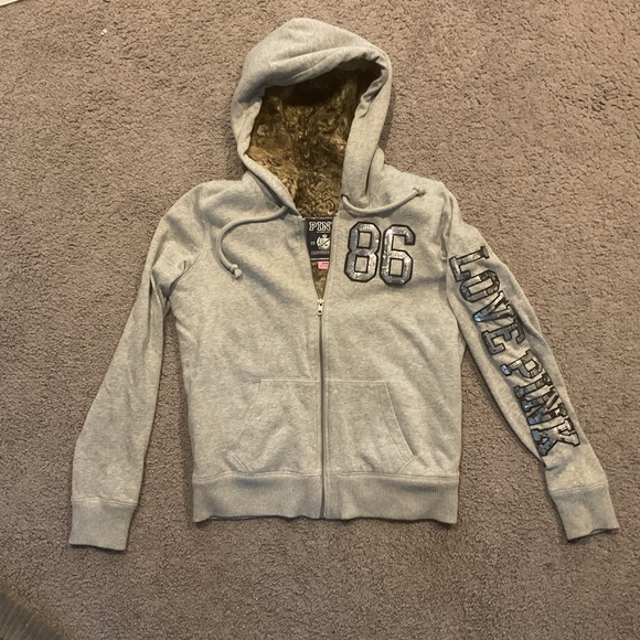 VS Victoria’s Secret PINK VTG Faux Fur Bling Sequin Hoodie Jacket Sweatshirt Y2K - Picture 9 of 12